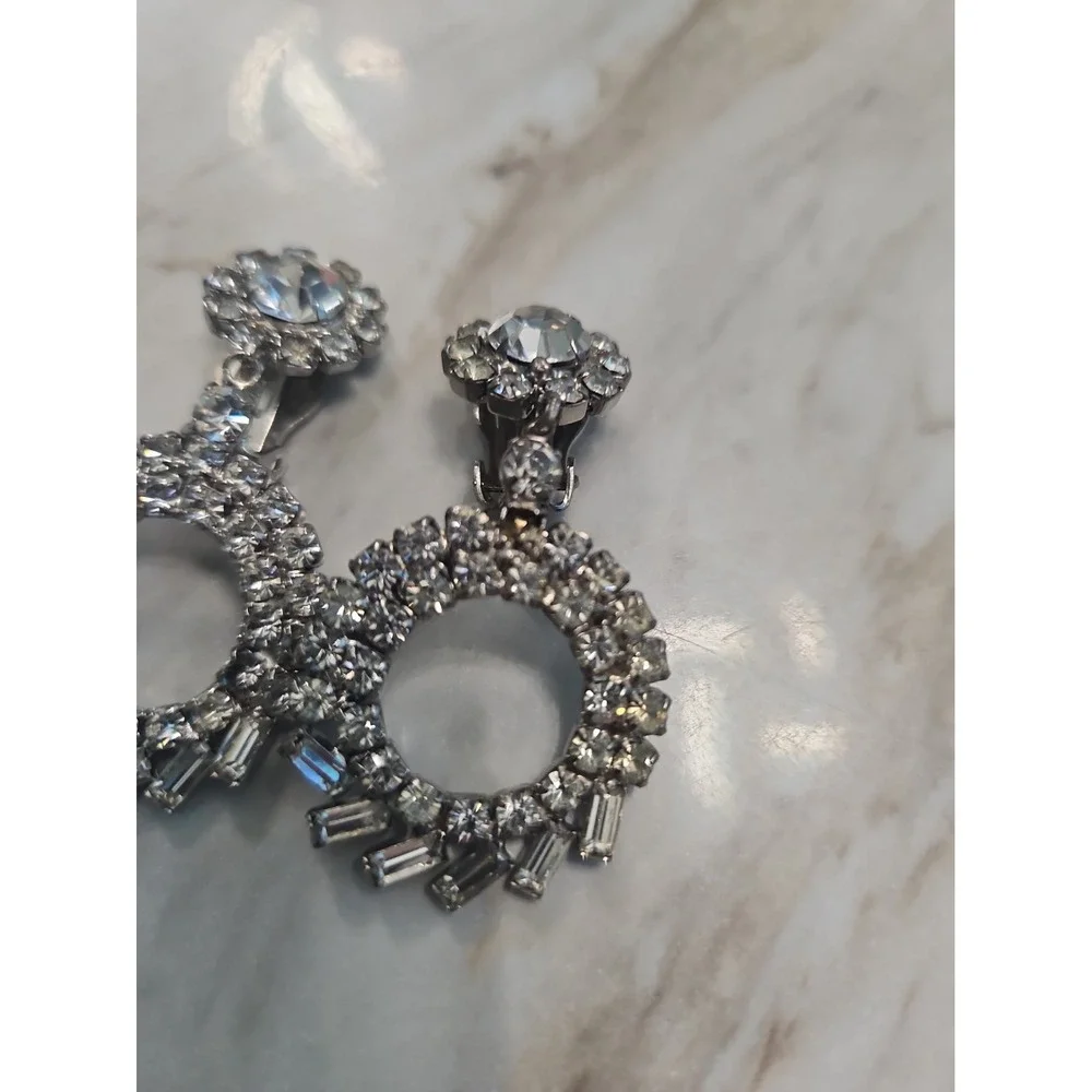 Judy Lee Crystal Clip On Earrings Baguette Rhinestone Silver Tone Dangle Signed